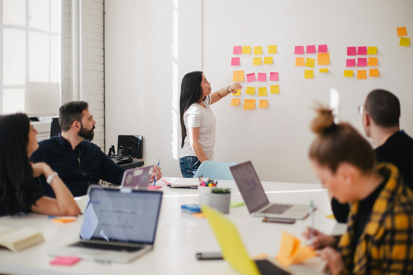Een team in een werksessie rond een wand met notities